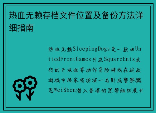 热血无赖存档文件位置及备份方法详细指南